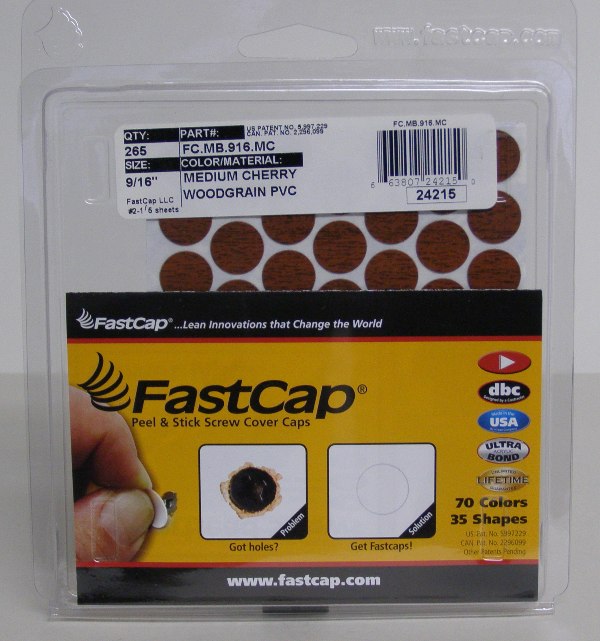 FastCap FC.MB.916.MC Medium Cherry Screw Caps Cap Peel &amp; Stick PVC Screw Cover Caps 9/16&quot; 260 Caps
FC.MB.916.MC