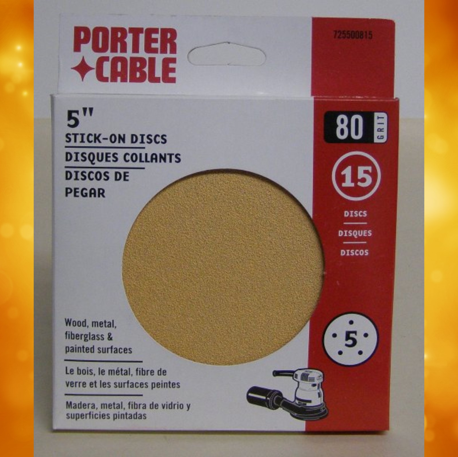Porter-Cable 5" No-Hole, Adhesive-Backed Sanding Discs - 80 Grit (15 Pack) 725000815