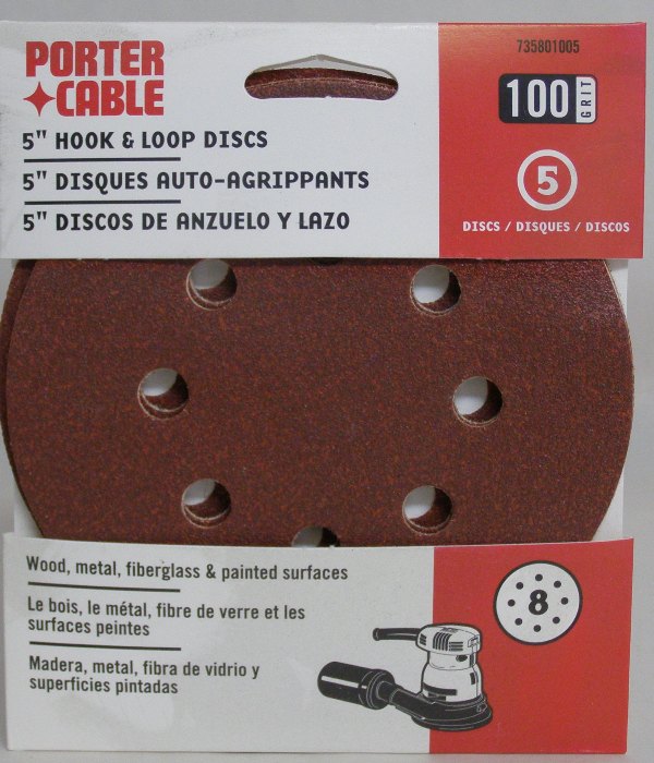 Porter-Cable 5" Eight-Hole, Hook & Loop Sanding Discs - 100 Grit (5 Pack) 735801005