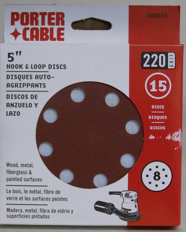 Porter-Cable 5" Eight-Hole, Hook & Loop Sanding Discs - 220 Grit (15 Pack) 735802215