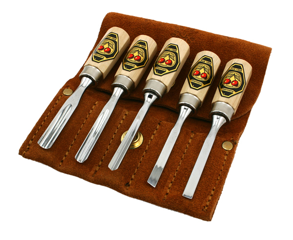 Two Cherries Carving Chisel Set 515-8575 Carving Chisel Set of 5 in a leather case 515-8575