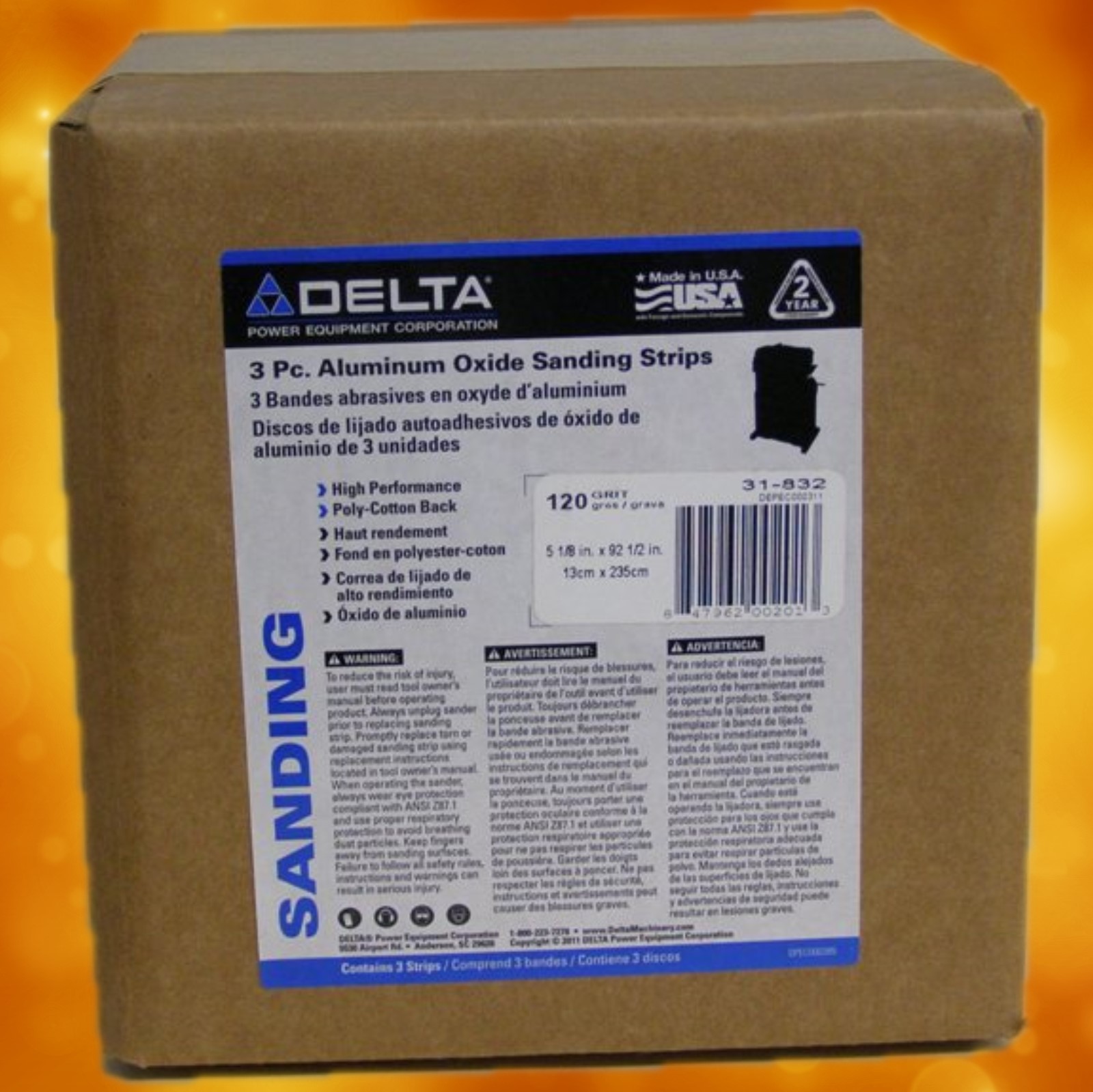 Delta 31-832 3 Pc. 5 1/8 in. x 92 1/2 in. 120 Grit Aluminum Oxide Sanding Strips 31-832