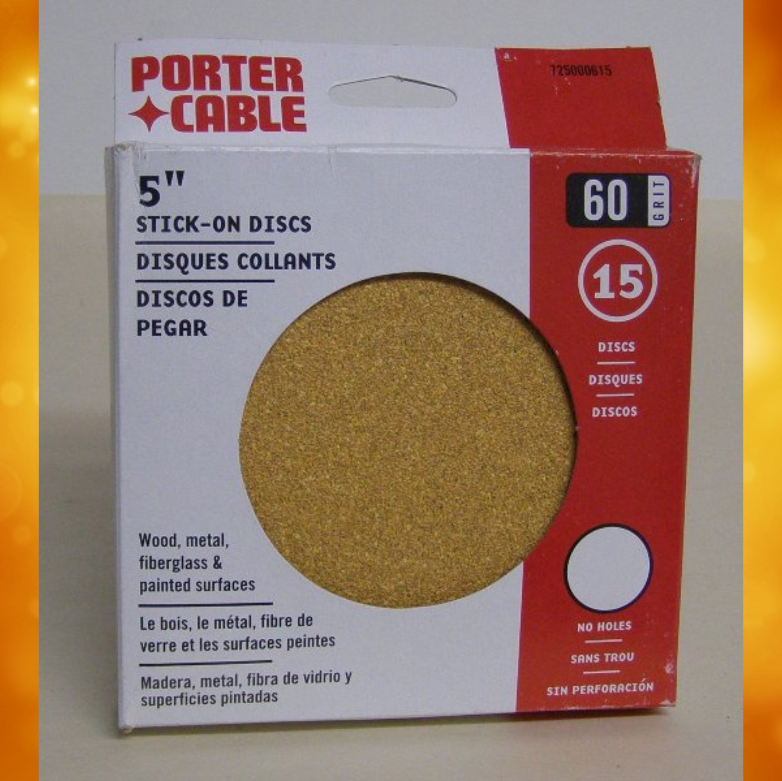 Porter-Cable 5" No-Hole, Adhesive-Backed Sanding Discs - 60 Grit (15 Pack) 725000615