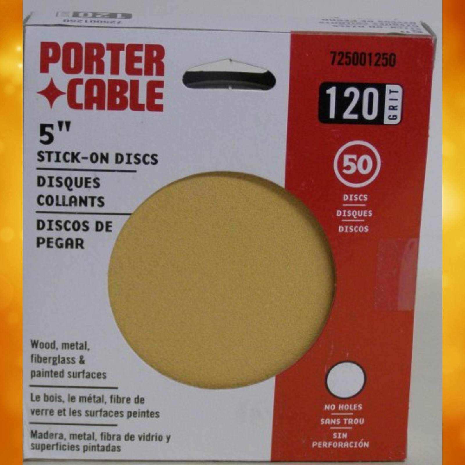 725001250 Porter-Cable 5" No-Hole, Adhesive-Backed Sanding Discs - 120 Grit (50 Pack) 725001250